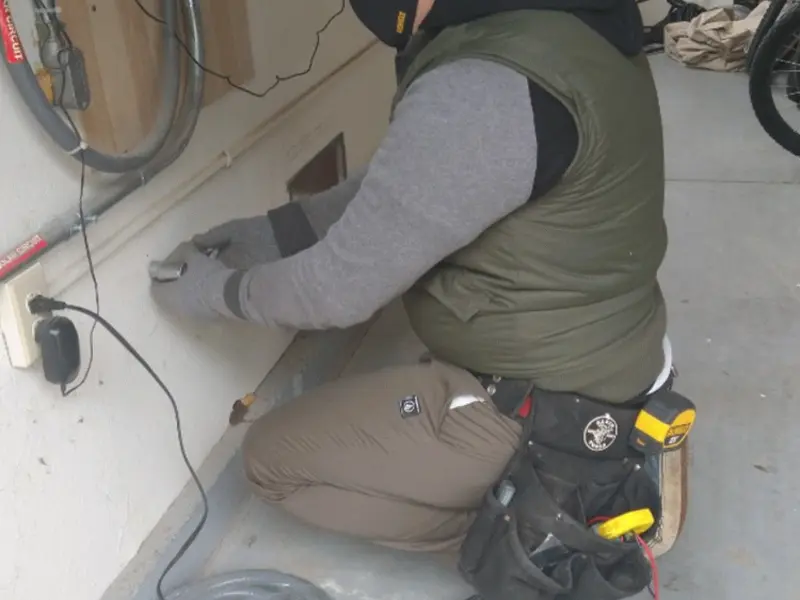 Electrician performing outlet wiring in a Tellico Village garage